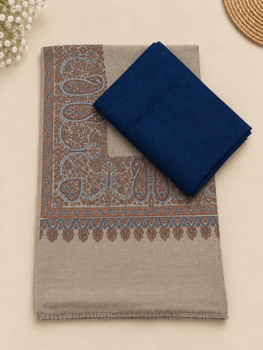 Blue 3-Piece Plain Pashmina Suit with Skin Kani Border Shawl