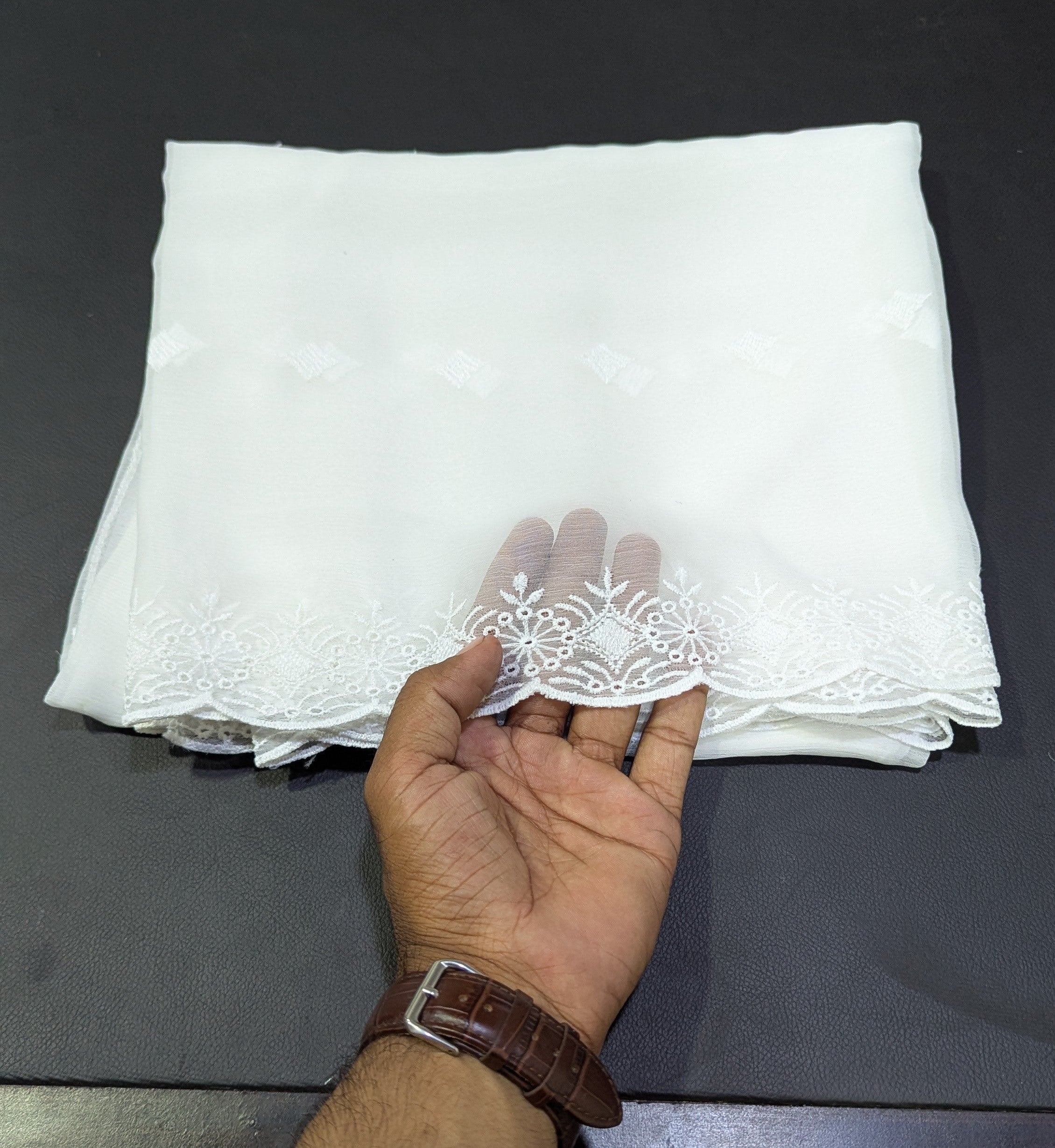 Crinkle Chiffon Embroidered Dyeable Cutwork Border Dupattas