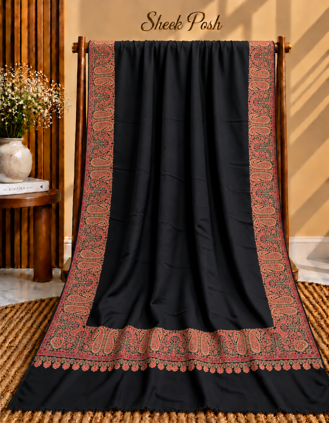 Black B1 Pashmina Kani Paisley Border Shawl