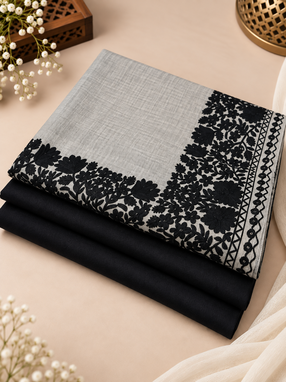 Black 3-Piece Plain Pashmina Suit with Grey & Black 4-Side Kashmiri Border Embroidered Shawl