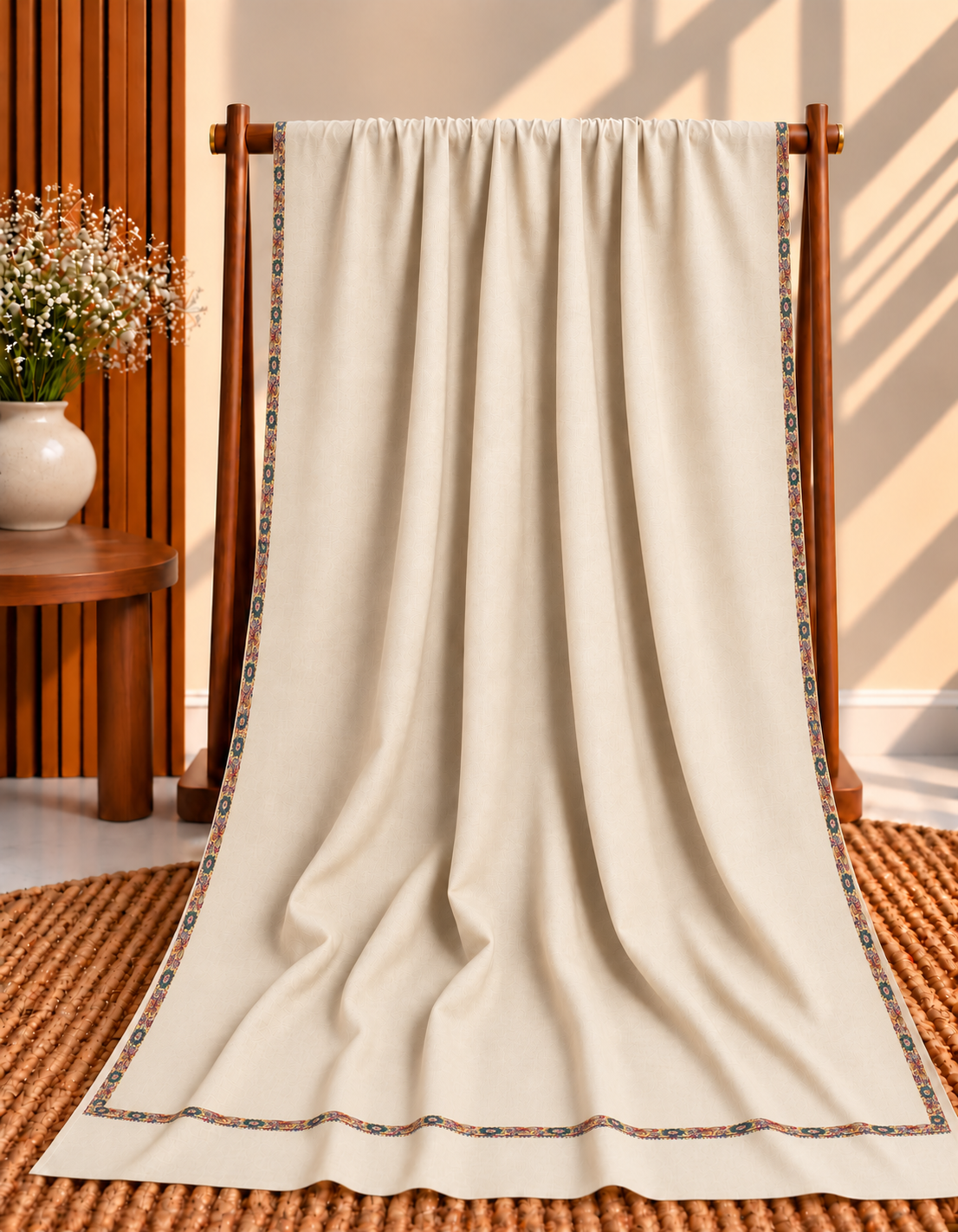 Light Skin 4-Side Hashia Border Embroidered Pashmina Shawl