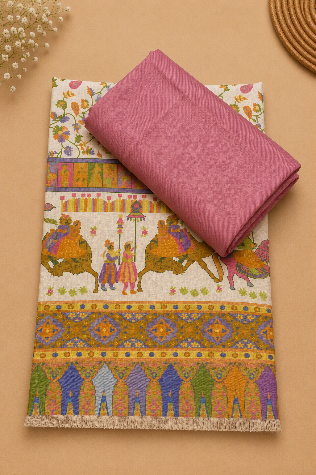 Pink 3-Piece Plain Pashmina Suit with Camel Caravan Printed Pashmina Shawl