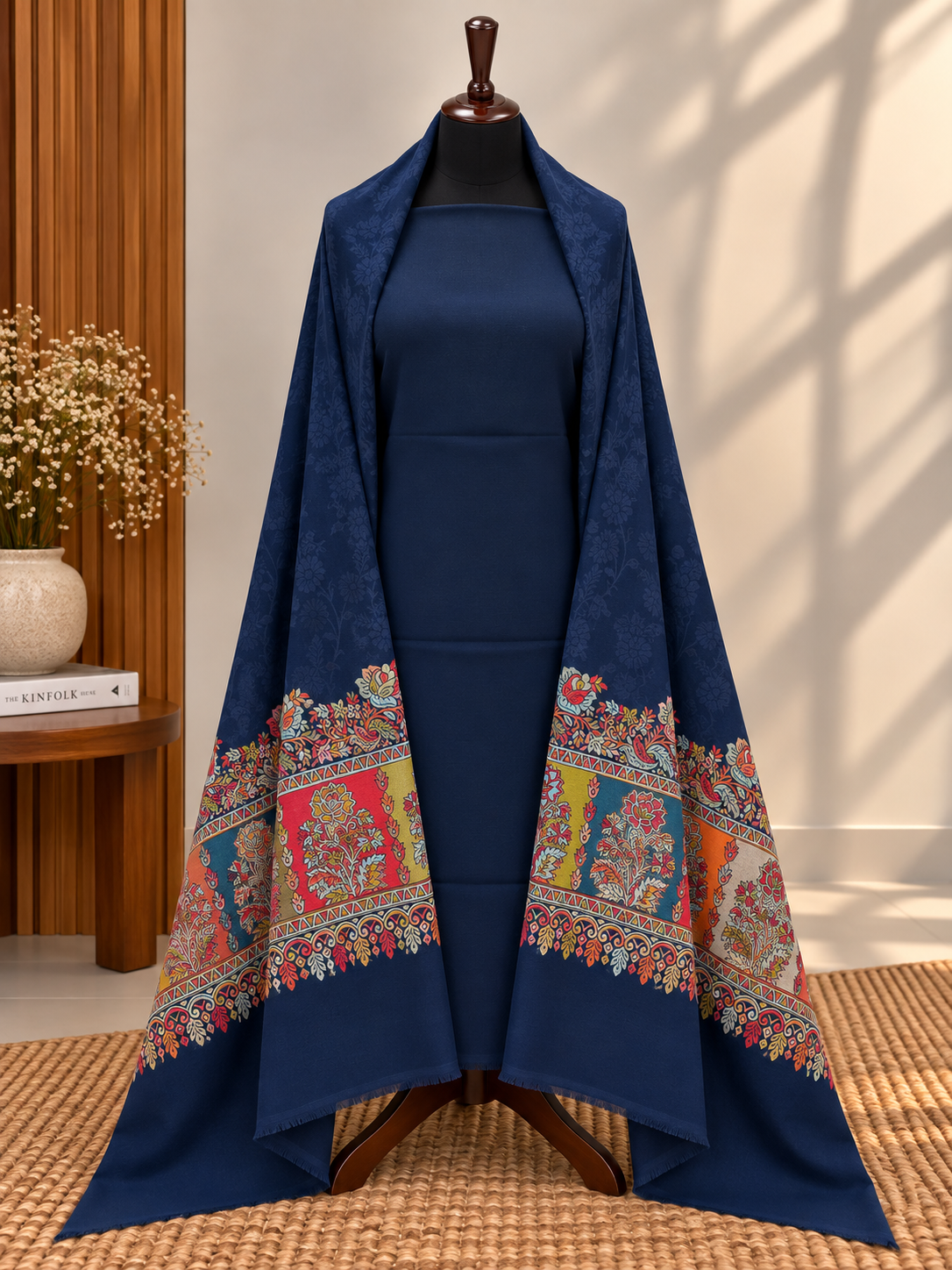 Navy Blue 3-Piece Plain Pashmina Suit with Kani Border + Self Pashmina Shawl