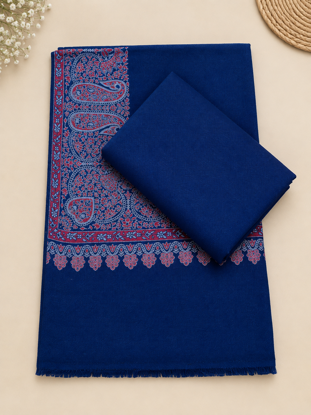 Blue 3-Piece Plain Pashmina Suit with Blue Kani Border Shawl