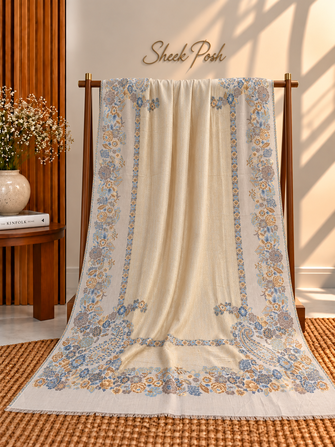 Off-White Moonlight Kani Border Shawl – Sky Blue Floral