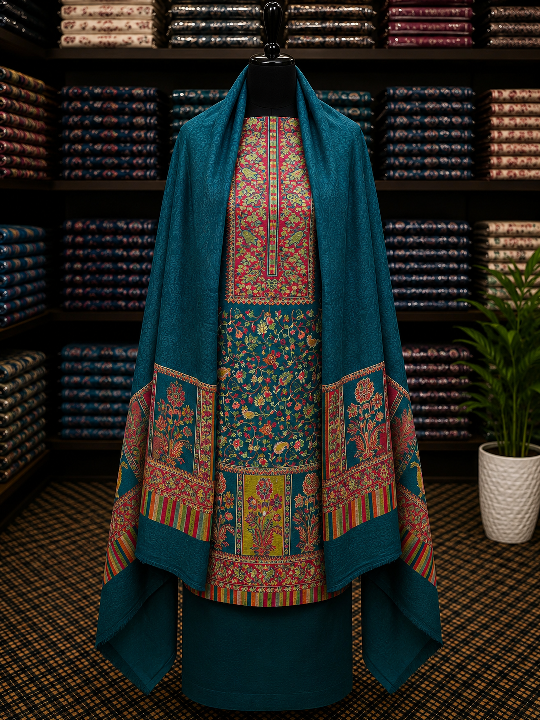 Zinc Blue Premium Kashmiri Kani Pashmina 3Pc Suit