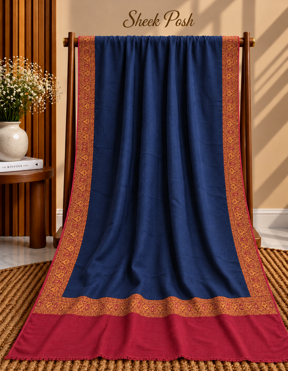 Navy Blue Kani Border Pashmina Shawl