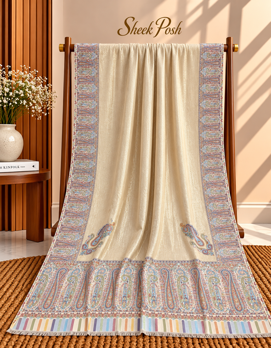 Off-White Moonlight Kani Border Shawl – Zinc Blue Paisley