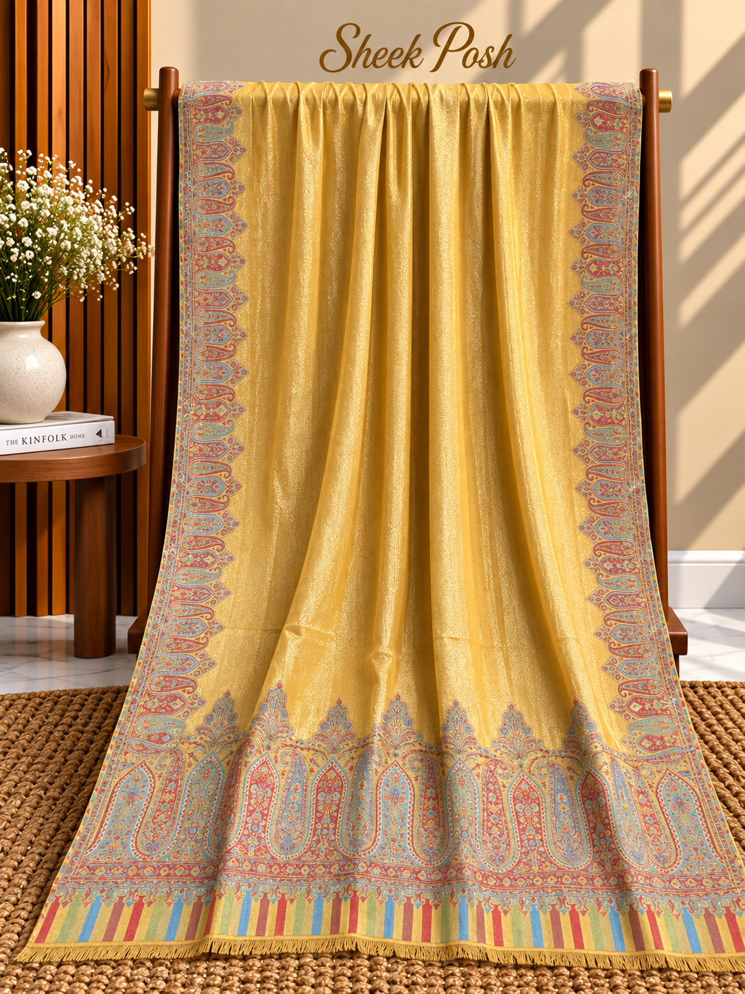 Mustard Moonlight Kani Border Shawl – Off-White Border