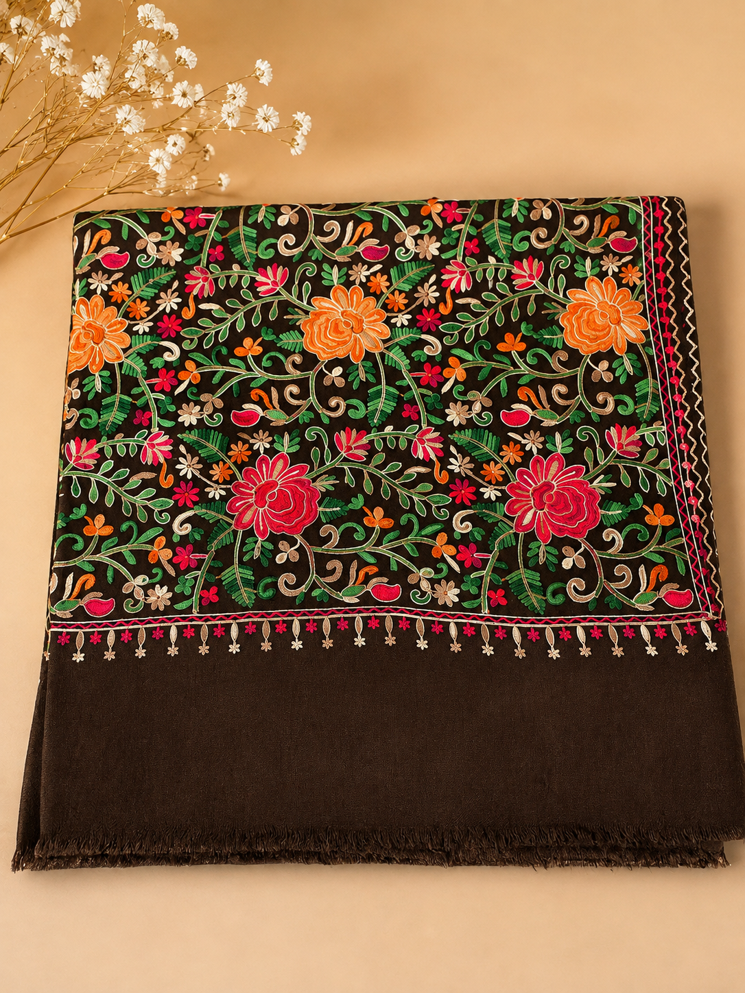 Choc Brown Pashmina Full Embroidered Shawl | Kashmiri Aar Work | Elegant Jaal Design
