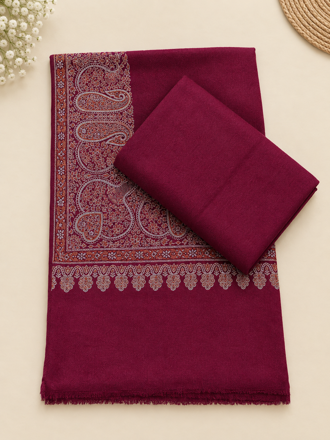 Maroon 3-Piece Plain Pashmina Suit with Maroon Kani Border Shawl