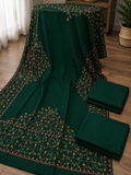Dark Green Plain Pashmina 3Pc Suit With Handmade Needle Work Shawl