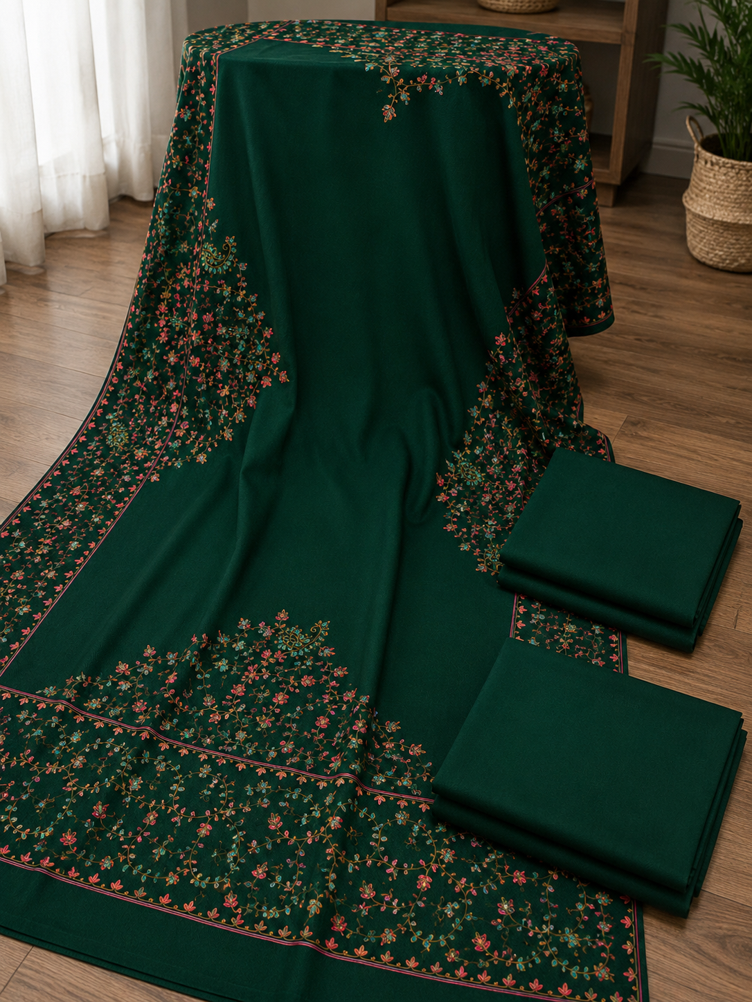 Dark Green Plain Pashmina 3Pc Suit With Handmade Needle Work Shawl