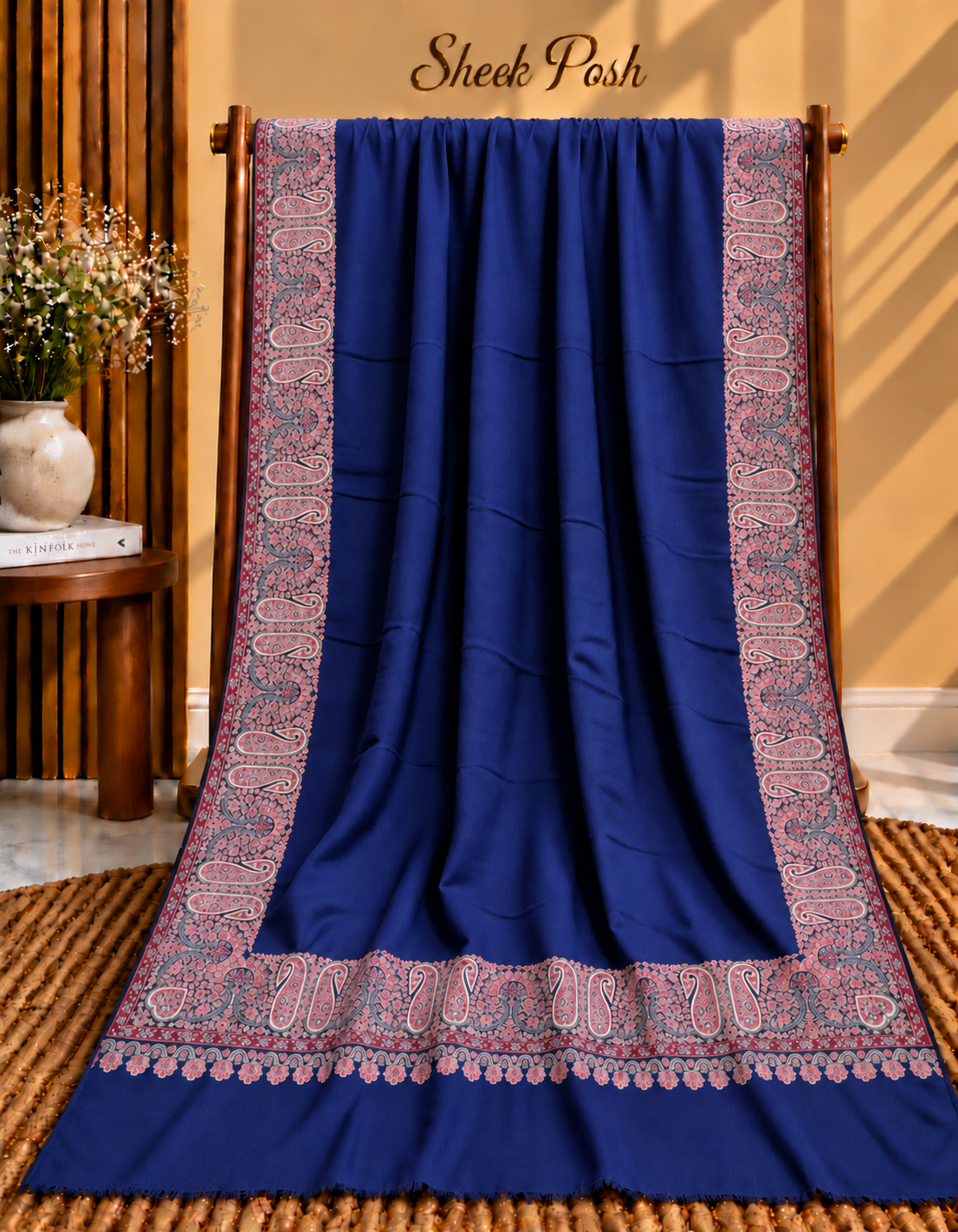 Navy Blue Pashmina Kani Paisley Border Shawl