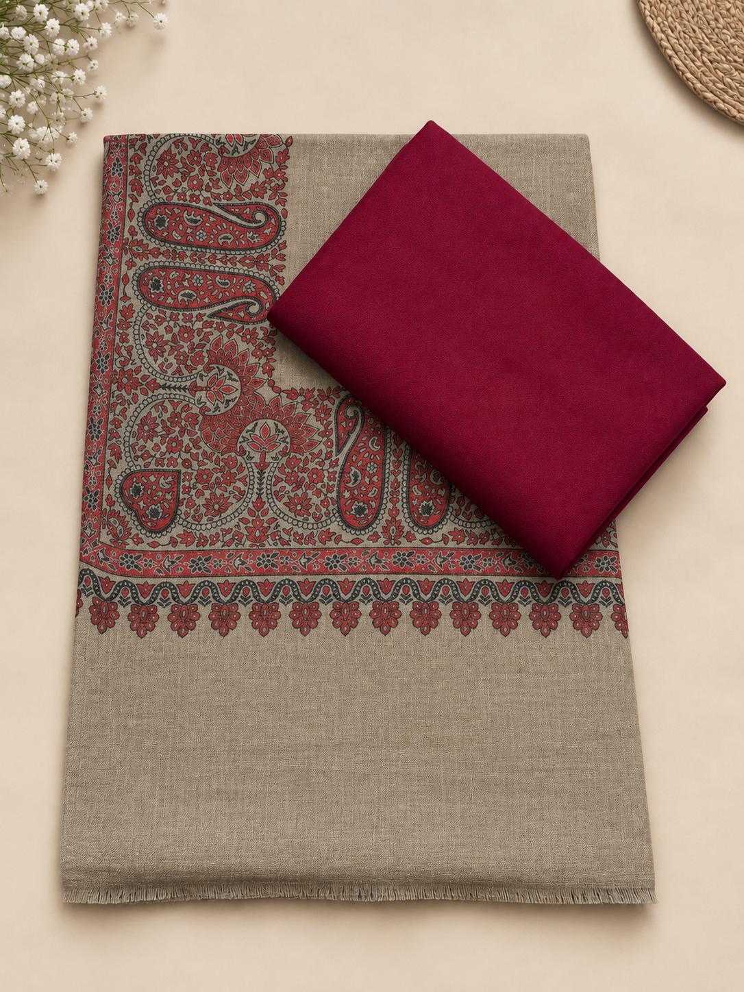 Maroon 3-Piece Plain Pashmina Suit with Skin Kani Border Shawl
