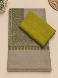 Mehandi Green 3-Piece Plain Pashmina Suit with Skin Kani Border Shawl