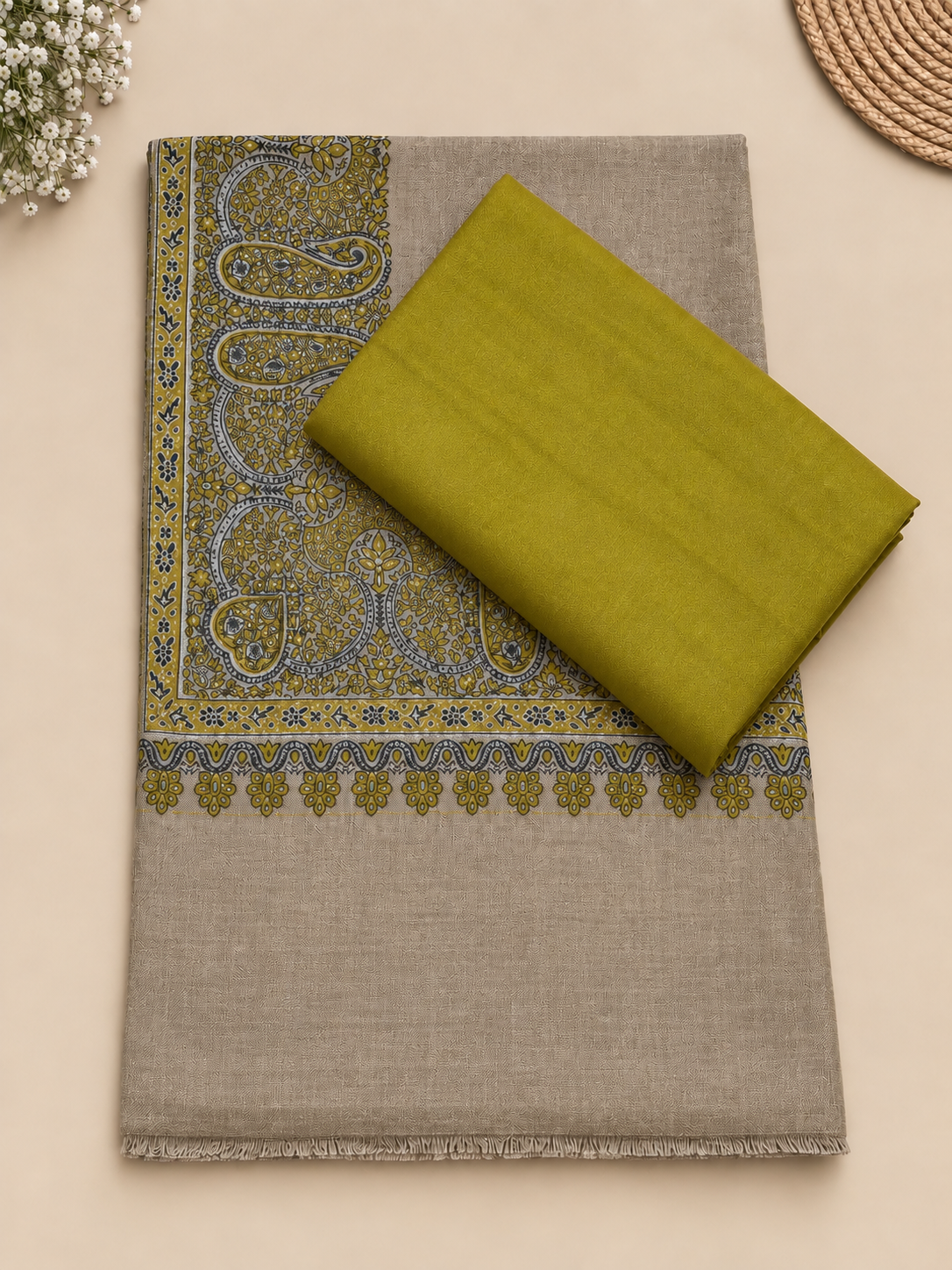 Mehandi Green 3-Piece Plain Pashmina Suit with Skin Kani Border Shawl