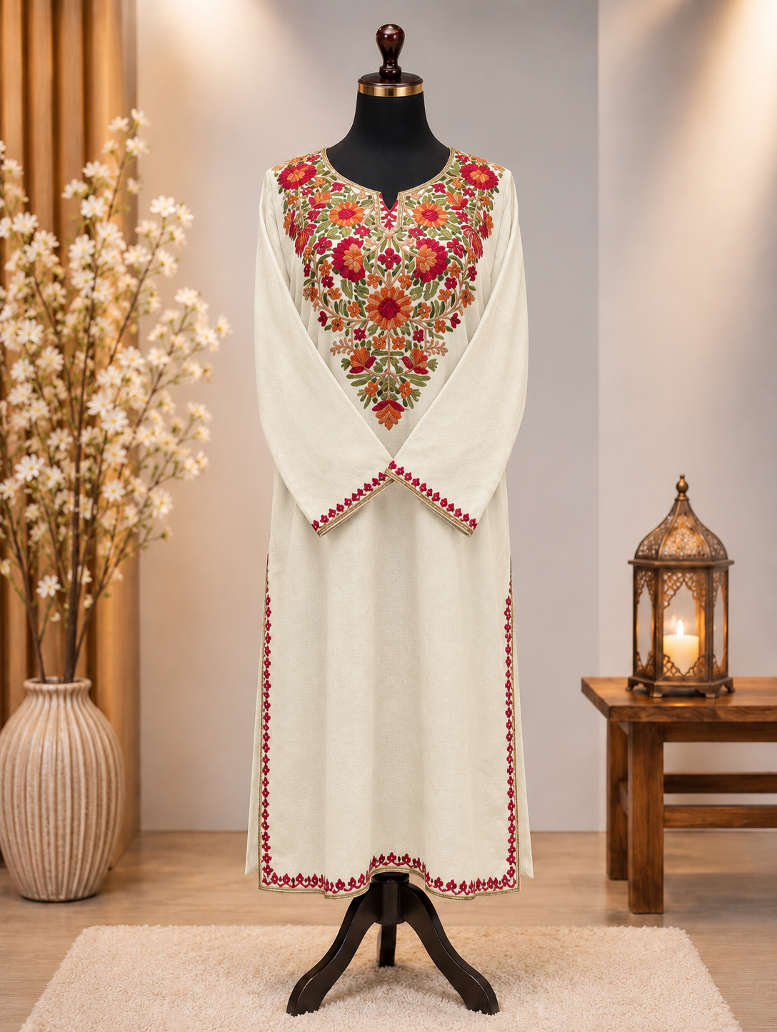 Off-White Kashmiri Pashmina Embroidered Pheran Shirt Only