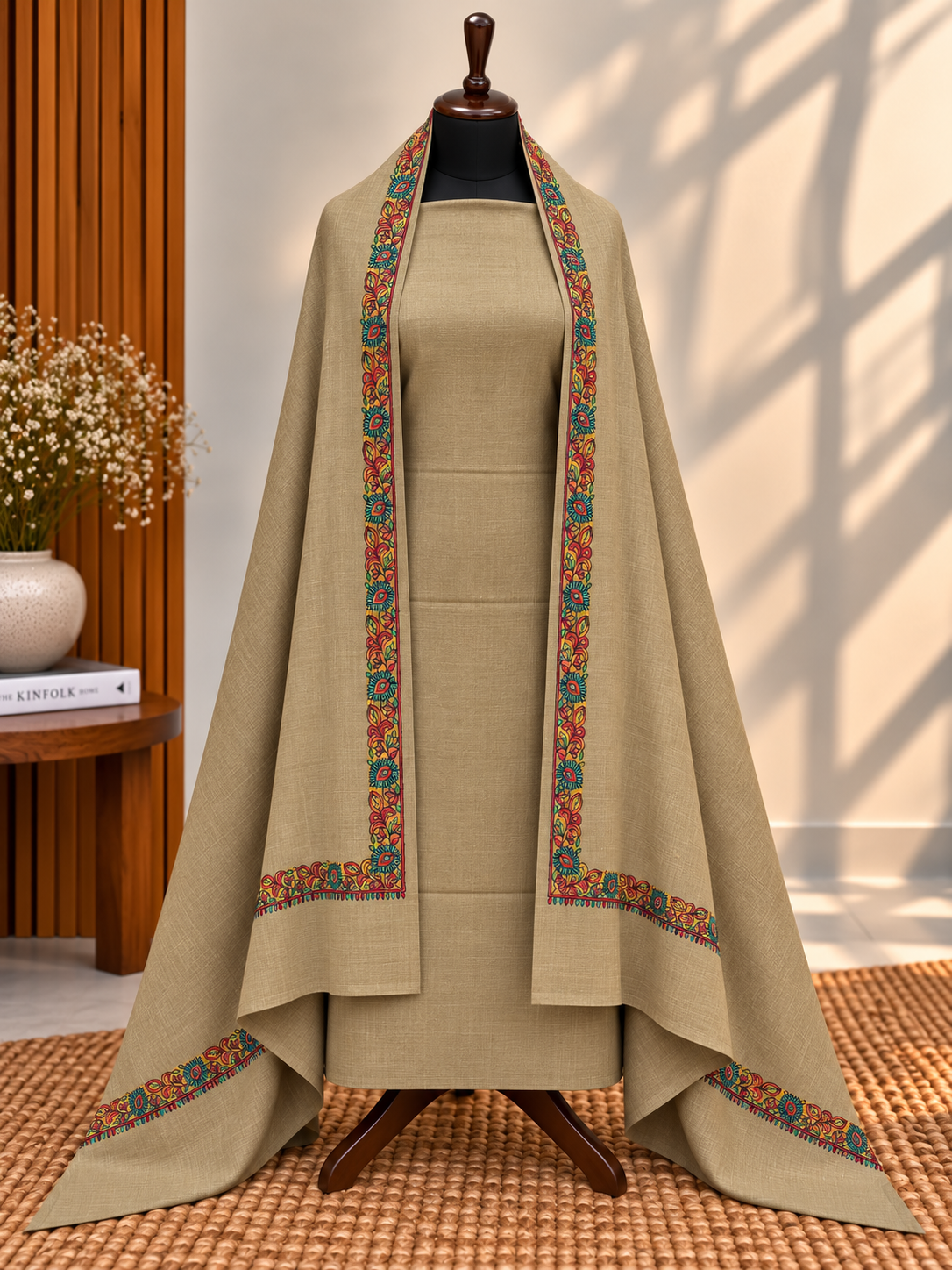 Dark Skin 3-Piece Plain Pashmina Suit with 4-Side Hashia Border Shawl