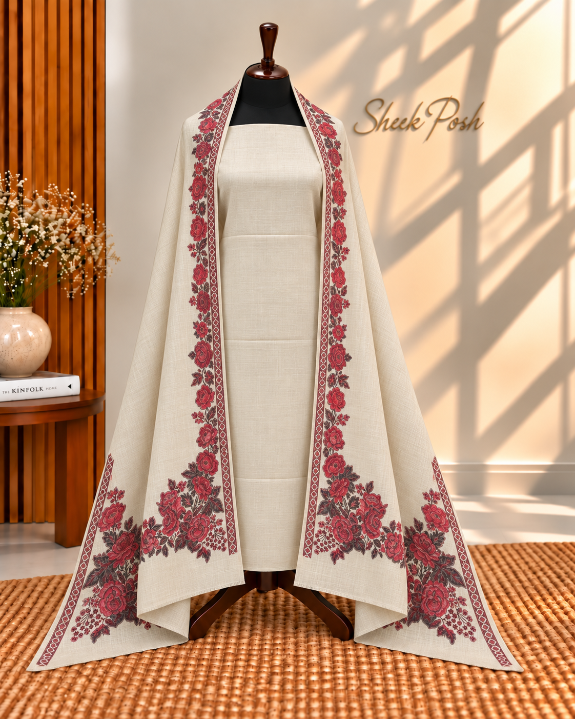 Skin 3-Piece Plain Pashmina Suit with 4 Side Kani Floral Border Pashmina Shawl