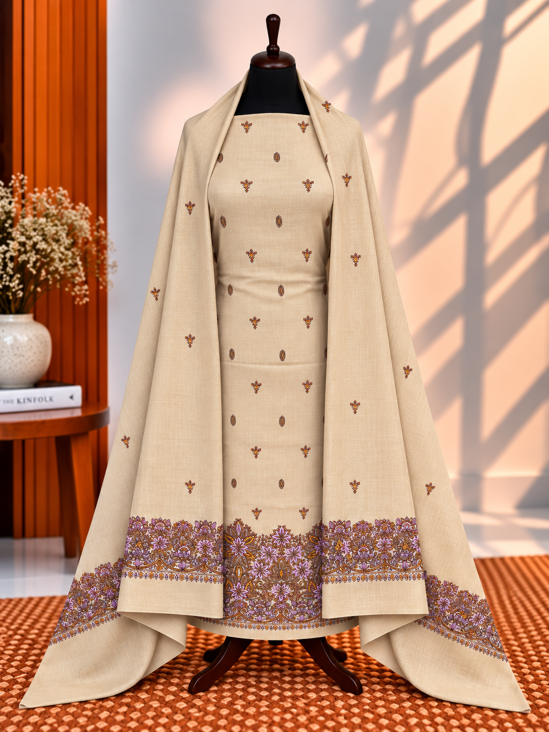 Beige Skin Premium Pashmina 3-Piece Embroidered Suit