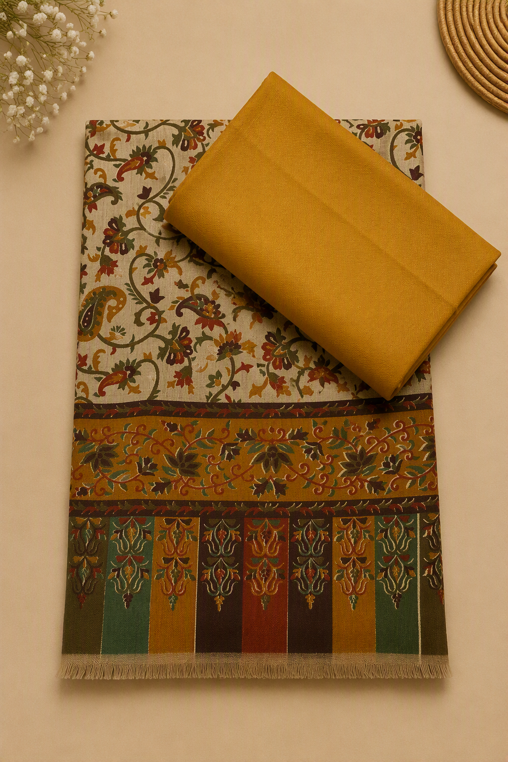 Mustard 3-Piece Plain Pashmina Suit with Floral Printed Pashmina Shawl