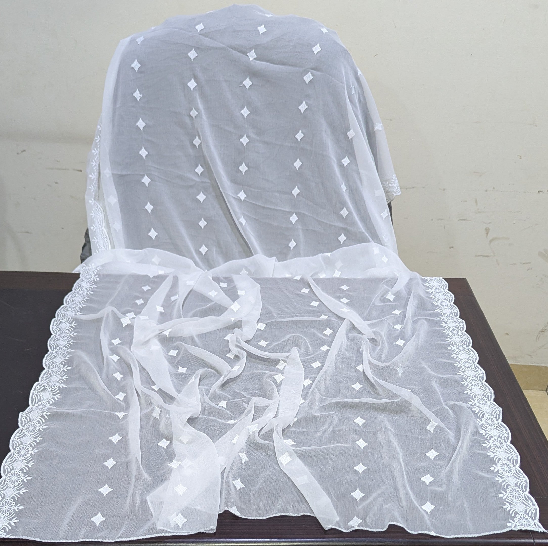 Crinkle Chiffon Embroidered Dyeable Cutwork Border Dupattas