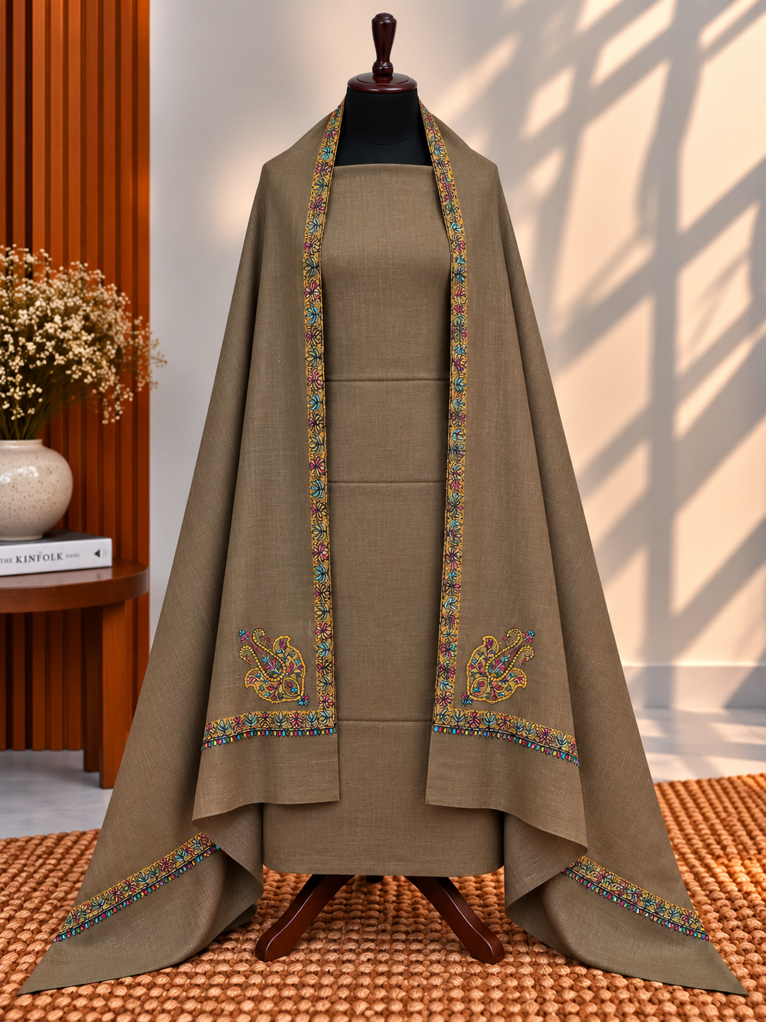 Dark Skin 3-Piece Plain Pashmina Suit with 4-Side Kingri Border Shawl