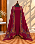 Maroon 3-Piece Plain Pashmina Suit with 4 Side Kani Floral Border Pashmina Shawl