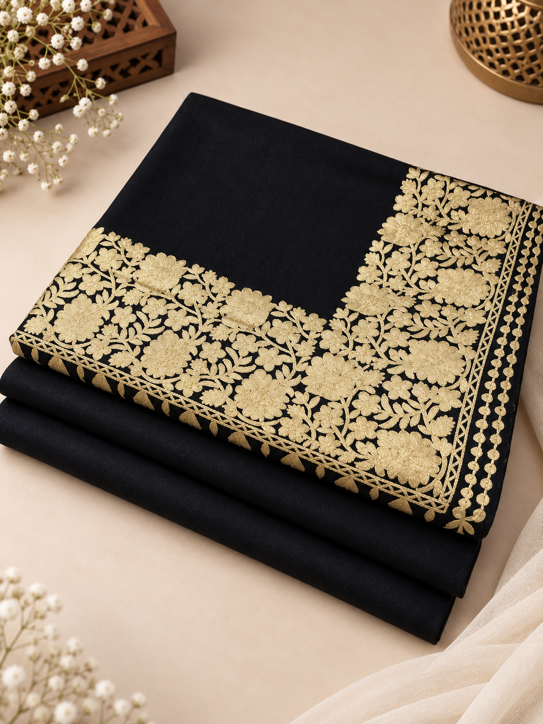 Black 3-Piece Plain Pashmina Suit with Black & Gold 4-Side Kashmiri Border Embroidered Shawl