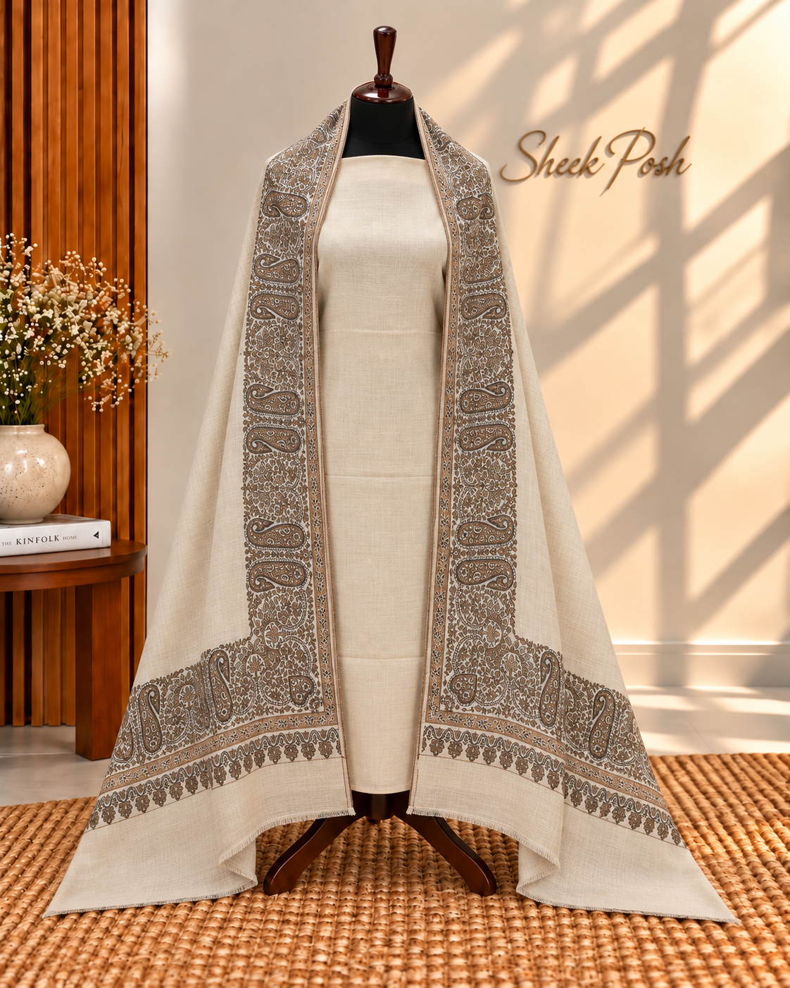 Skin 3-Piece Plain Pashmina Suit with 4 Side Kani Paisley Border Pashmina Shawl