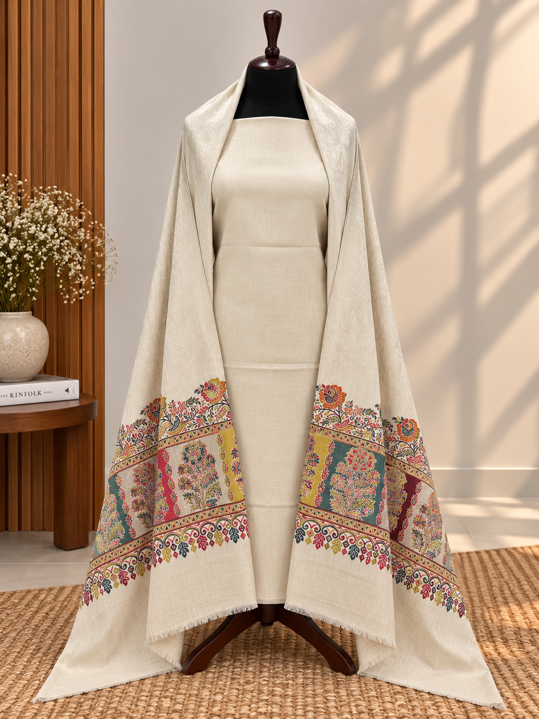 Beige Skin 3-Piece Plain Pashmina Suit with Kani Border Self Shawl
