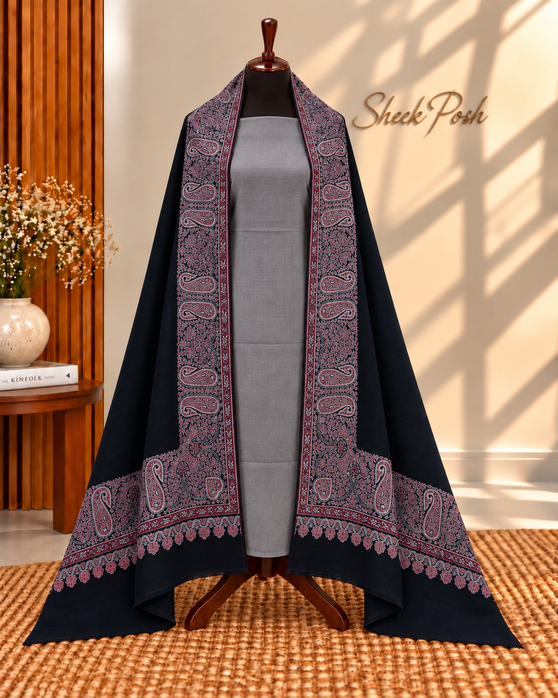 Black with Grey 3-Piece Plain Pashmina Suit with 4 Side Kani Paisley Border Pashmina Shawl