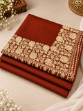 Rust 3-Piece Plain Pashmina Suit with Rust & Gold 4-Side Kashmiri Border Embroidered Shawl