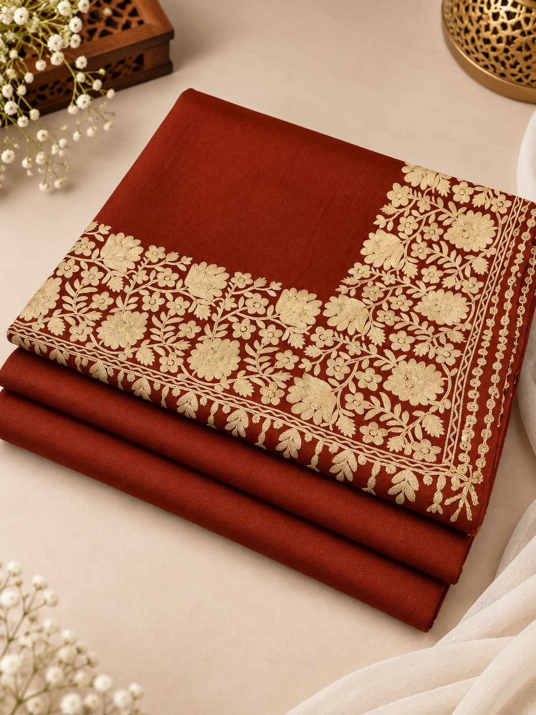 Rust 3-Piece Plain Pashmina Suit with Rust & Gold 4-Side Kashmiri Border Embroidered Shawl