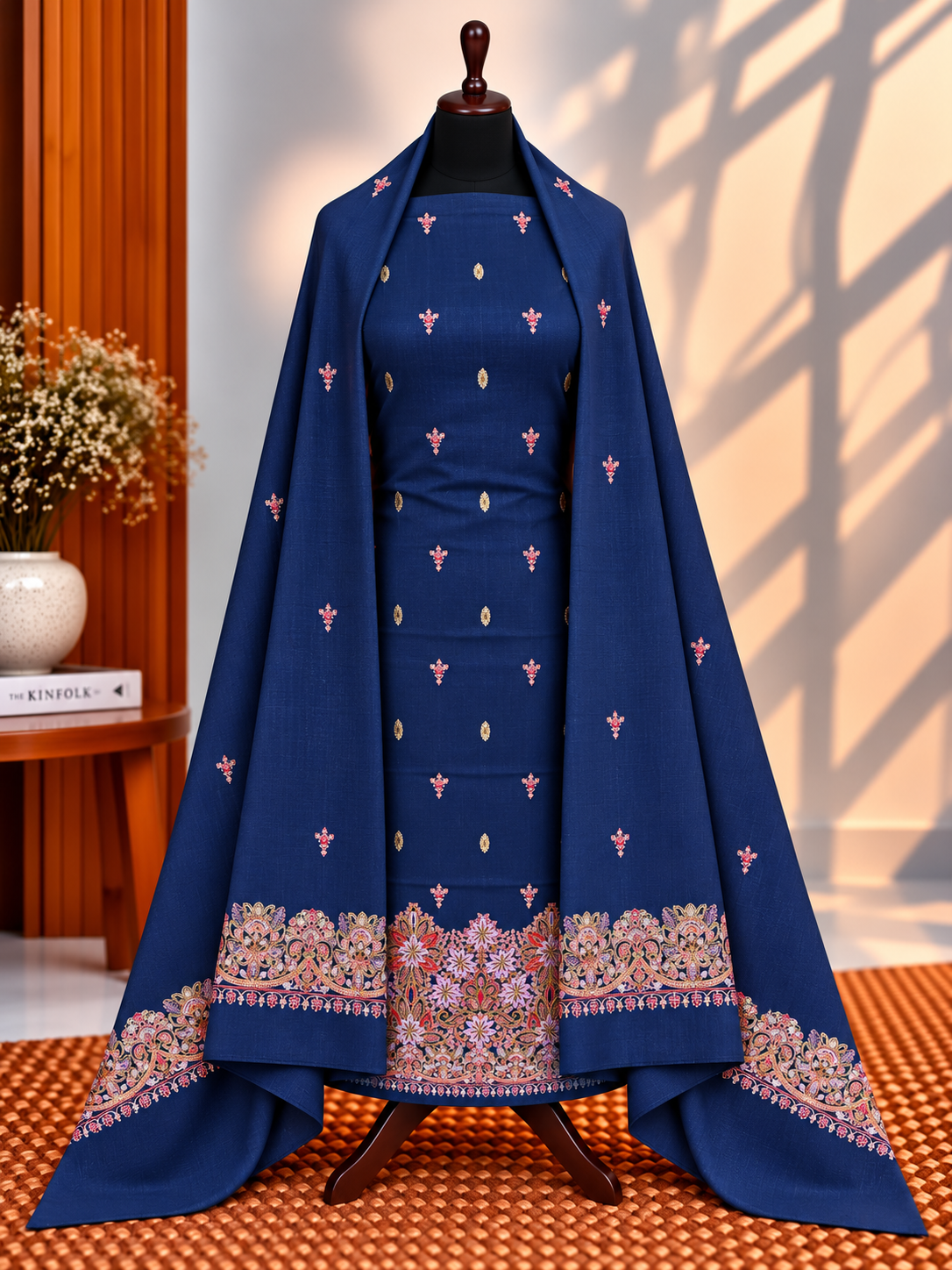 Navy Blue Premium Pashmina 3-Piece Embroidered Suit