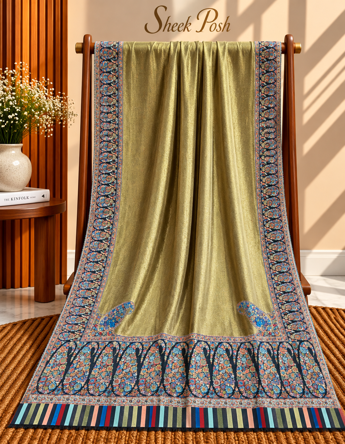 Mehandi Green Moonlight Kani Border Shawl – Navy Paisley