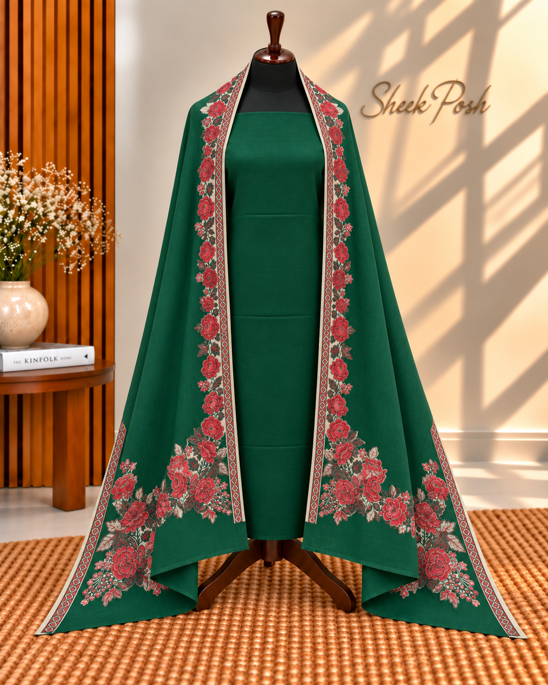 Green 3-Piece Plain Pashmina Suit with 4 Side Kani Floral Border Pashmina Shawl