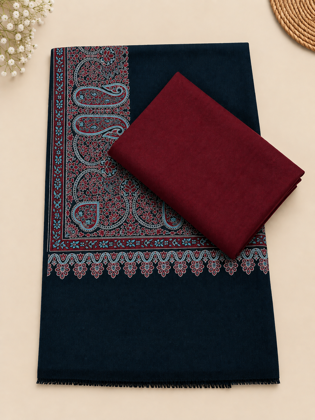 Maroon 3-Piece Plain Pashmina Suit with Dark Sea Green Kani Border Shawl