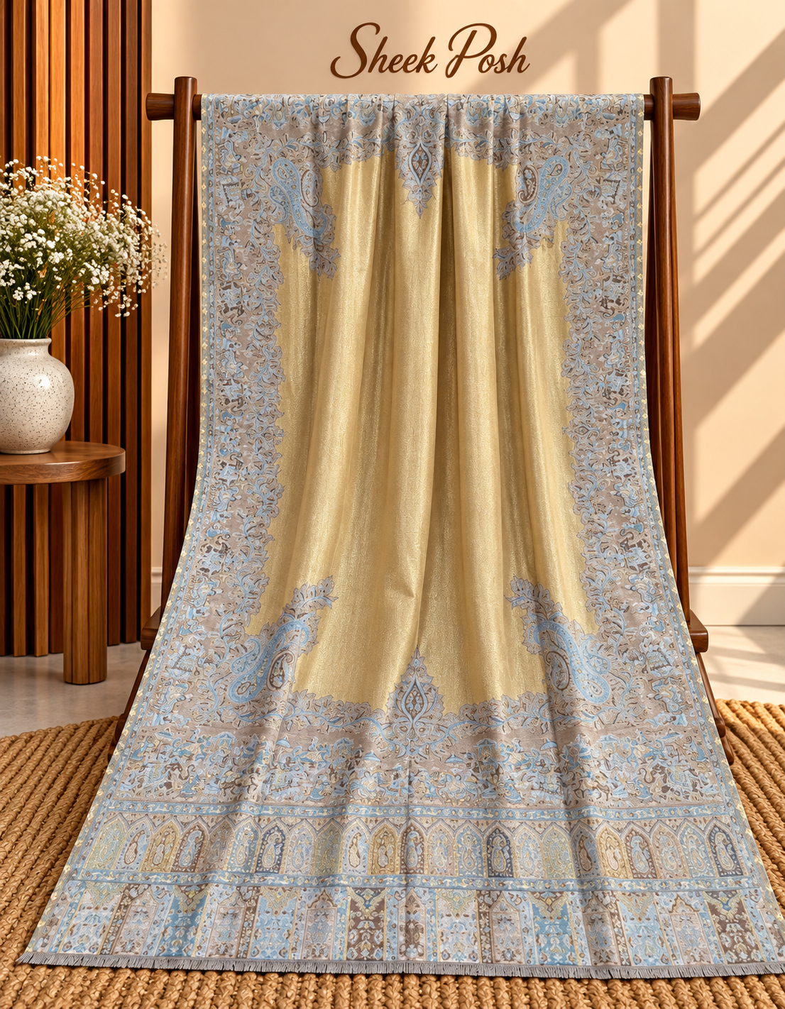 Mustard Moonlight Kani Shawl – Sky Blue Jaal