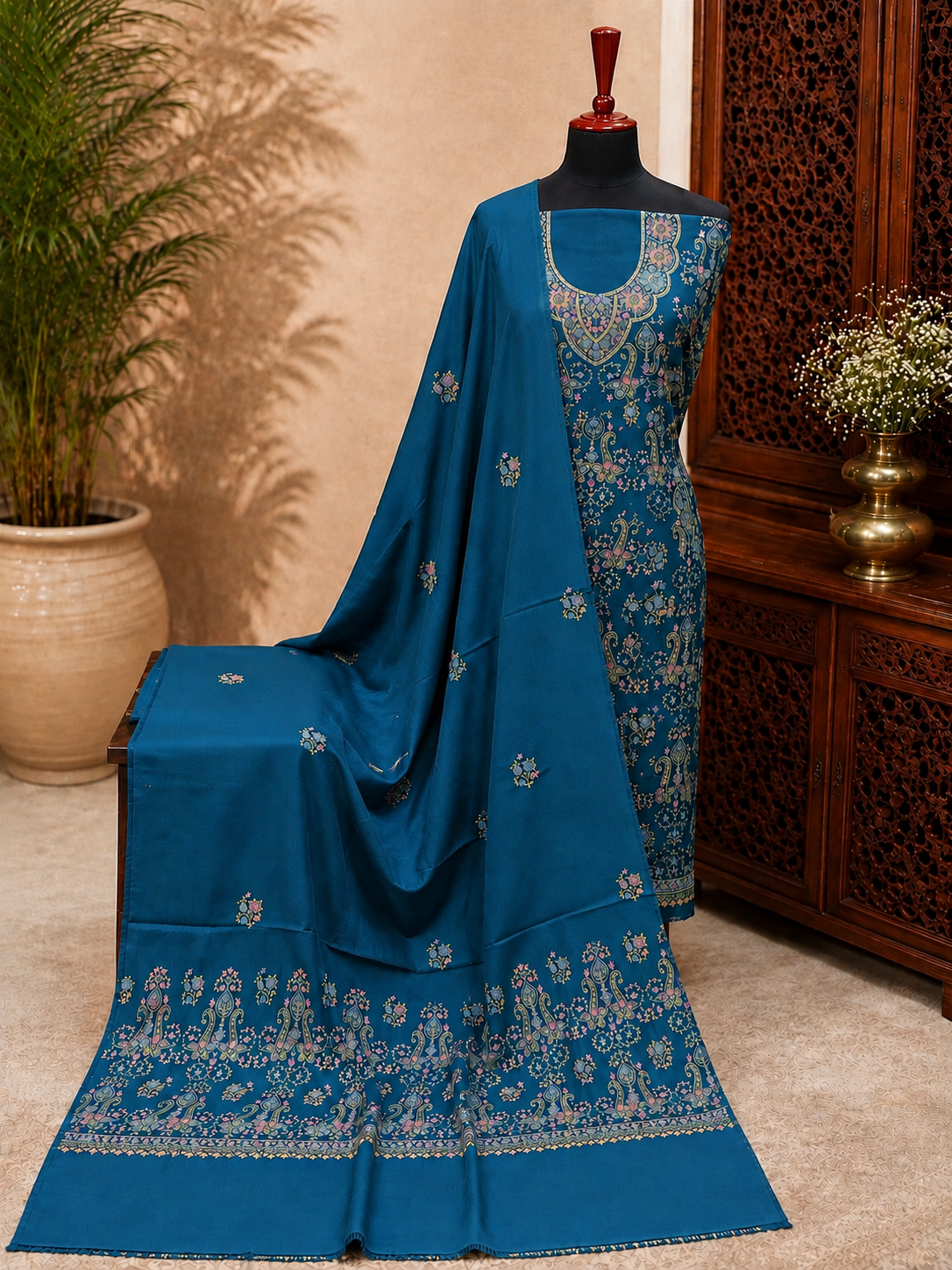 Zinc Kashmiri Pashmina Handmade Kacha Tanka Needle Work 3Pc Suit