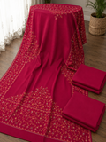 Maroon Plain Pashmina 3Pc Suit With Handmade Needle Work Shawl
