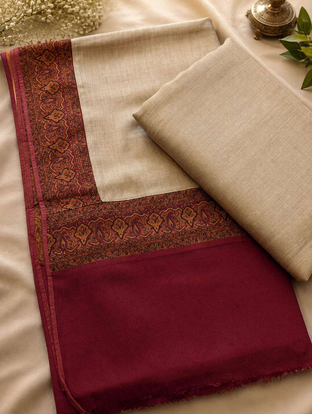 Dark Skin 3-Piece Plain Pashmina Suit with Kani Border Shawl