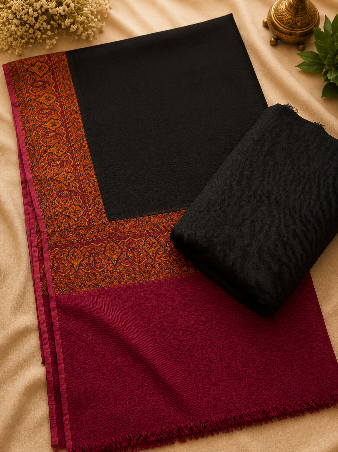 Jet Black 3-Piece Plain Pashmina Suit with Kani Border Shawl