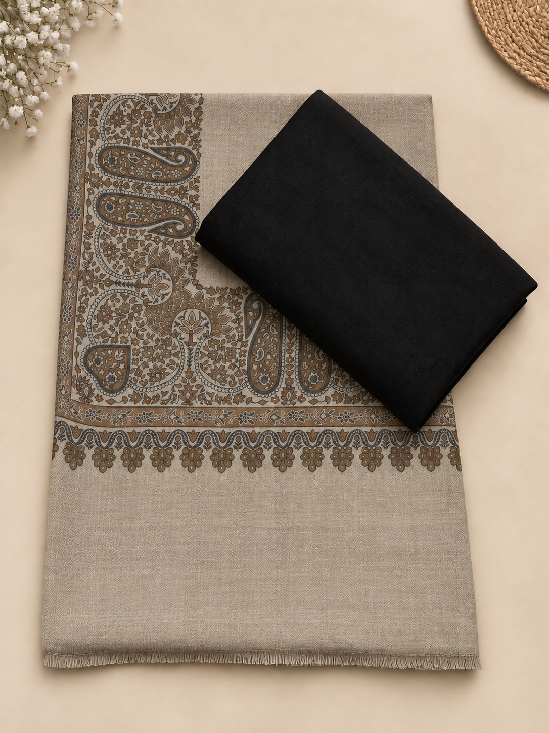 Black 3-Piece Plain Pashmina Suit with Skin Kani Border Shawl (Silver Border)