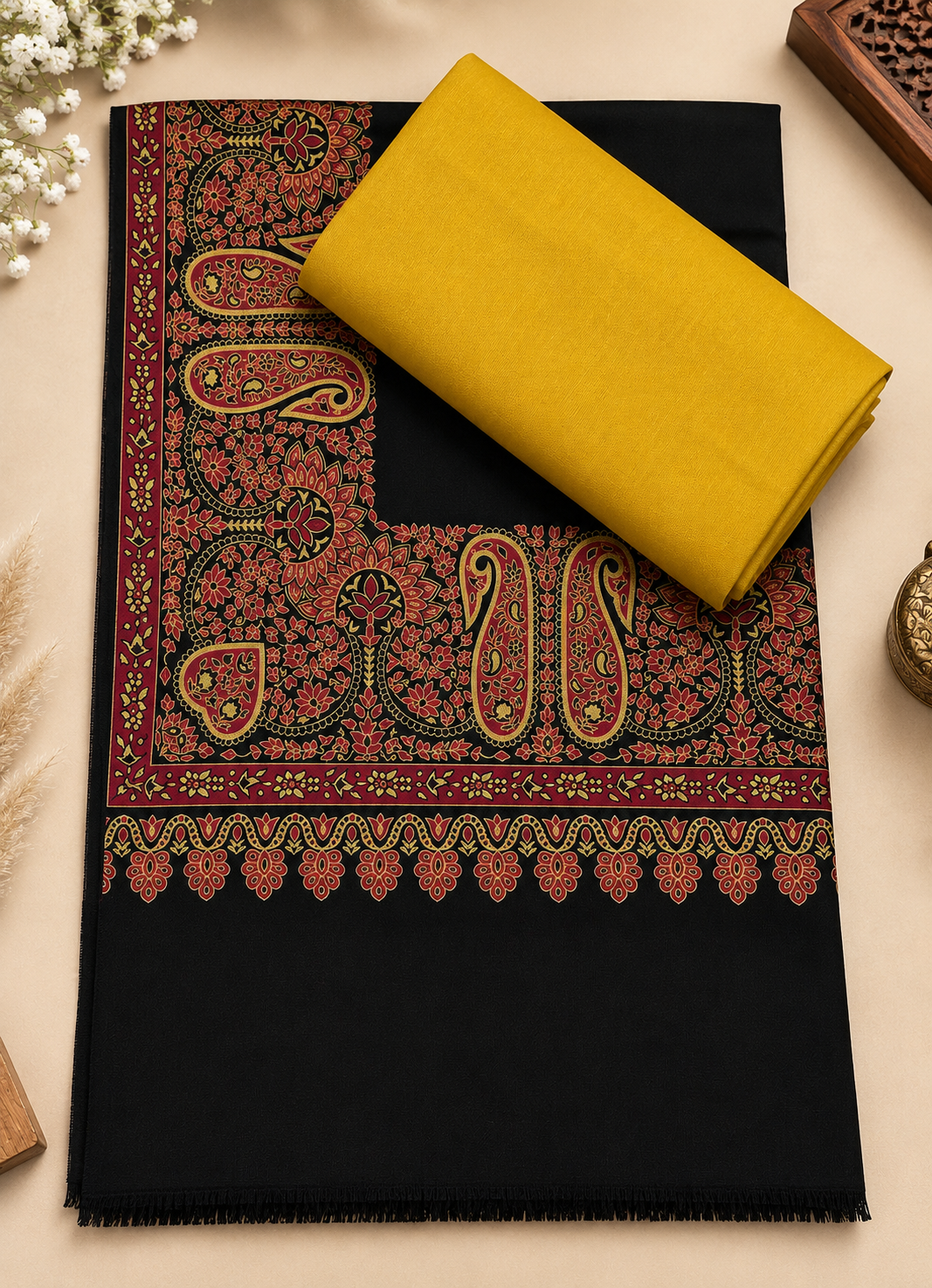 Mustard 3-Piece Plain Pashmina Suit with Black Kani Border Shawl (Red Paisley Border)