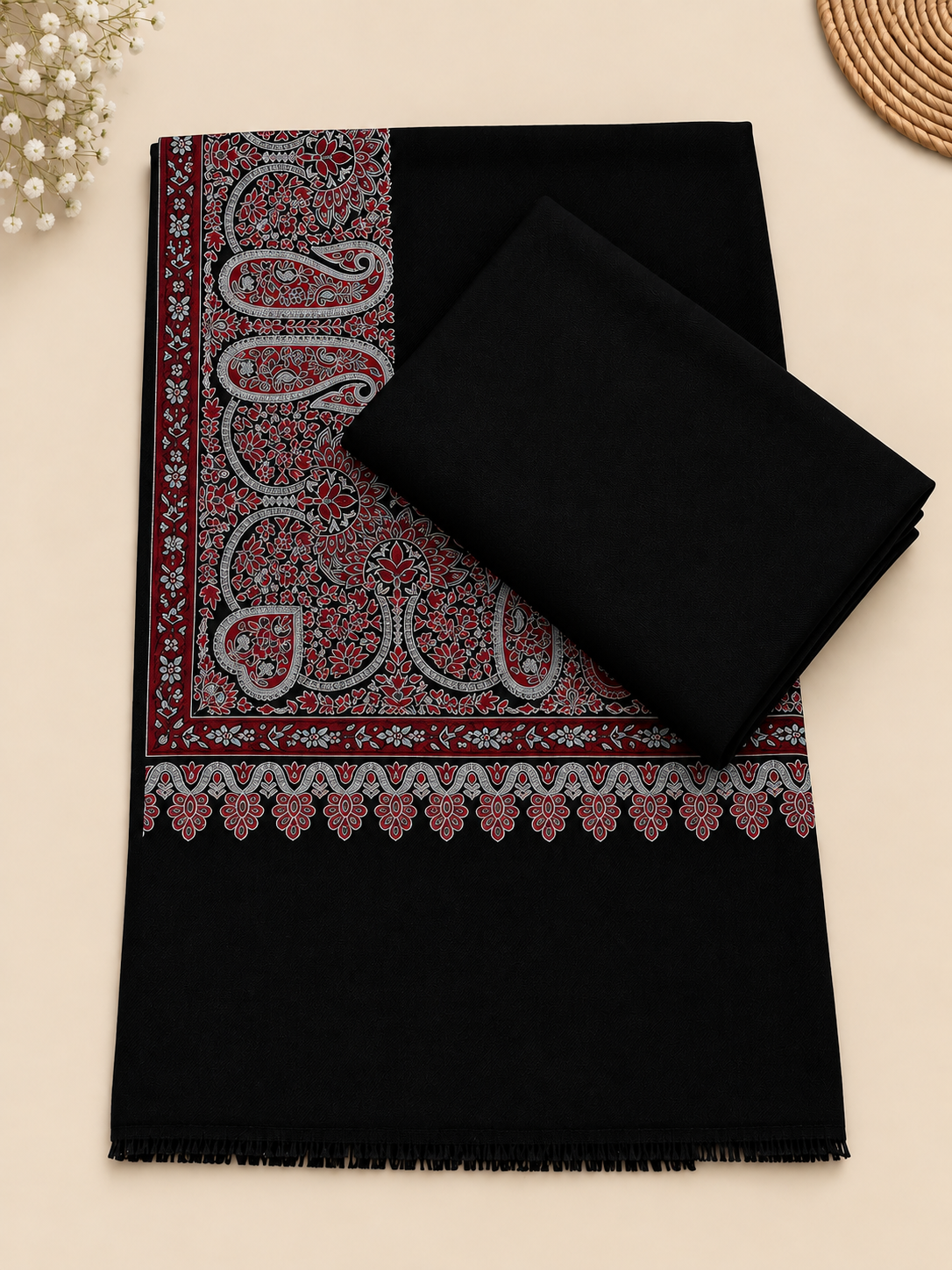Black 3-Piece Plain Pashmina Suit with Black Kani Border Shawl (Multicolour Border)