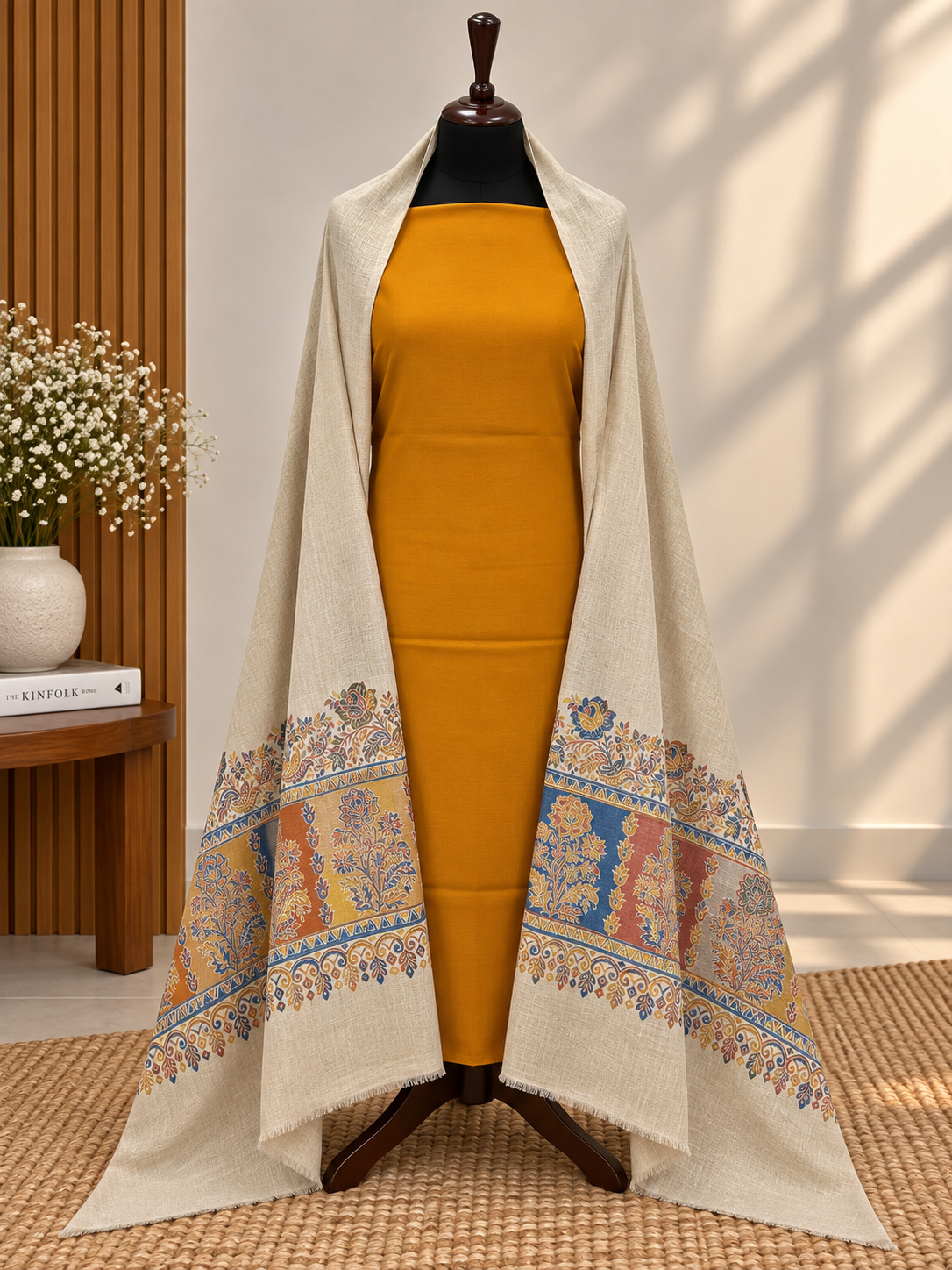 Skin with Rust 3-Piece Plain Pashmina Suit with Kani Border + Self Pashmina Shawl