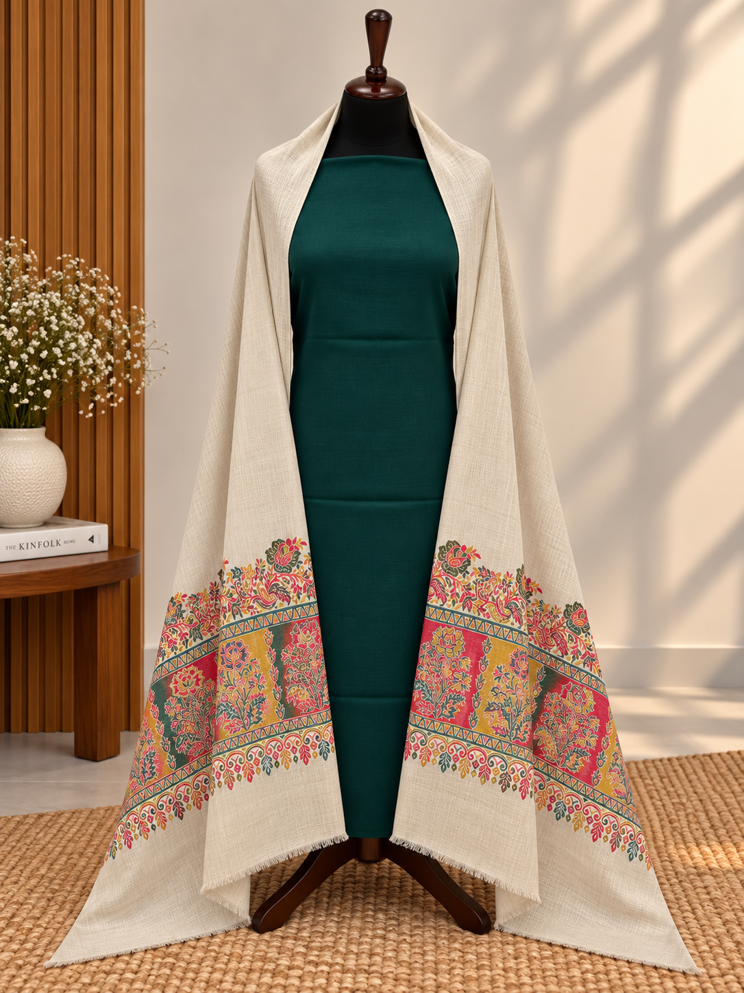 Skin + Dark Green 3-Piece Plain Pashmina Suit with Kani Border Self Shawl