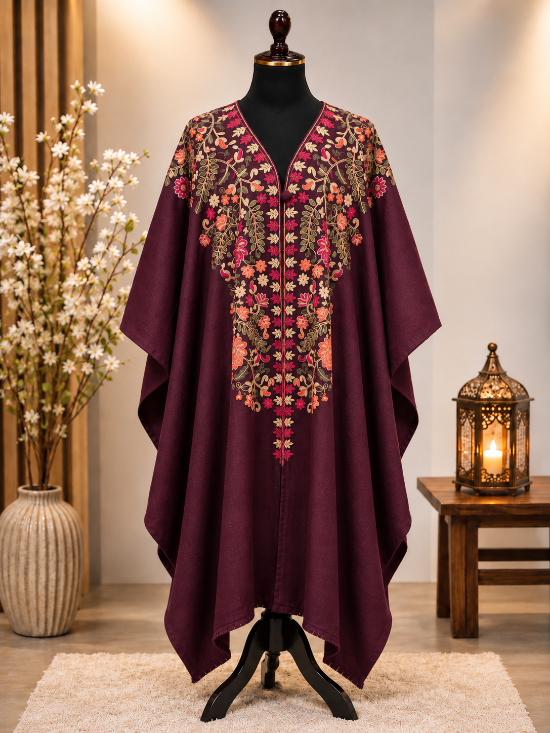 Burgundy Pashmina Kashmiri Embroidered Cape Shawl